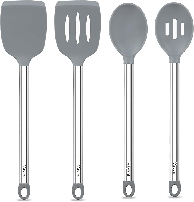 Vayvnt 4 PCS Cooking Utensils Set, Silicone Kitchen Spatula Set for Cooking, Non Toxic Silicone Kitchen Utensils with Stainless Steel Handle, Spoon and Turner, Heat Resistant&Dishwasher Safe, Gray