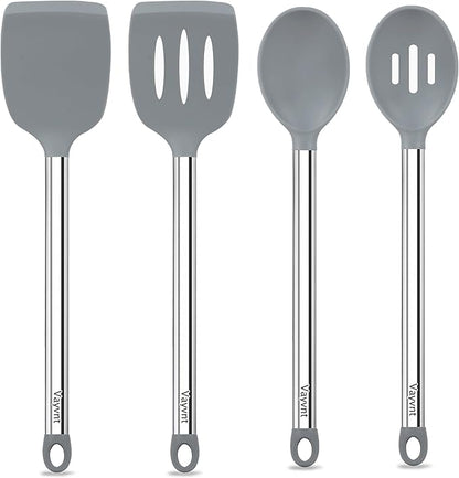 Vayvnt 4 PCS Cooking Utensils Set, Silicone Kitchen Spatula Set for Cooking, Non Toxic Silicone Kitchen Utensils with Stainless Steel Handle, Spoon and Turner, Heat Resistant&Dishwasher Safe, Gray
