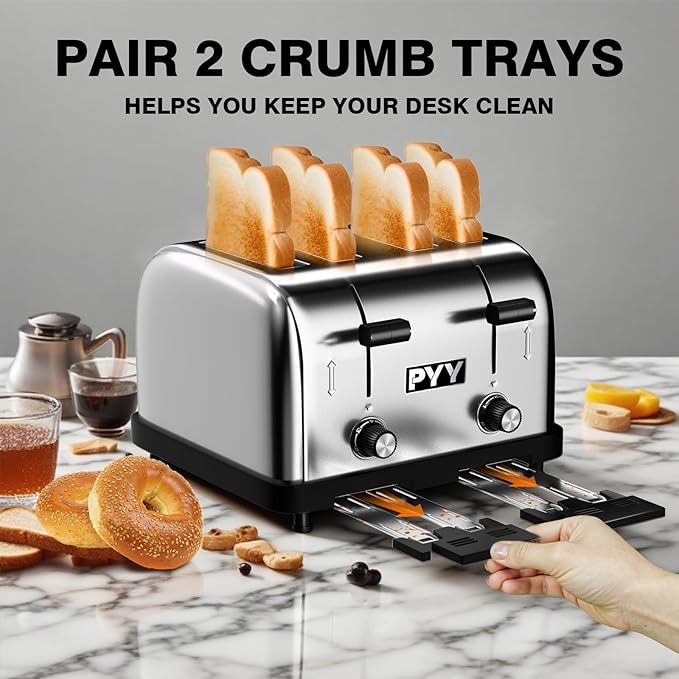 PYY Professional Commercial 4 Slice Toaster - 1800W Stainless Steel Heavy Duty Toaster, 6 Browning Levels, 1.57" Wide Slots, Removable Crumb Tray for Bagels Bread Waffles (Commercial & Home Use)