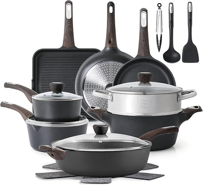 SENSARTE Pots and Pans Set Nonstick, 20 Pcs Induction Cookware Sets, Non-toxic Healthy Non Stick Kitchen Cooking Set with Stay-Cool Handles, PFOA PFOS Free, Black