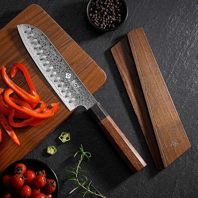 BGT Kiritsuke Knife, 8 inch Japanese Chef Knife, Japanese 67 Layer VG-10 Damascus Steel Kitchen Knife with Ebony Wood Handle and Gift Box. (Santoku knife)