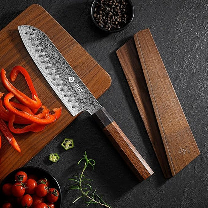BGT Kiritsuke Knife, 8 inch Japanese Chef Knife, Japanese 67 Layer VG-10 Damascus Steel Kitchen Knife with Ebony Wood Handle and Gift Box. (Santoku knife)