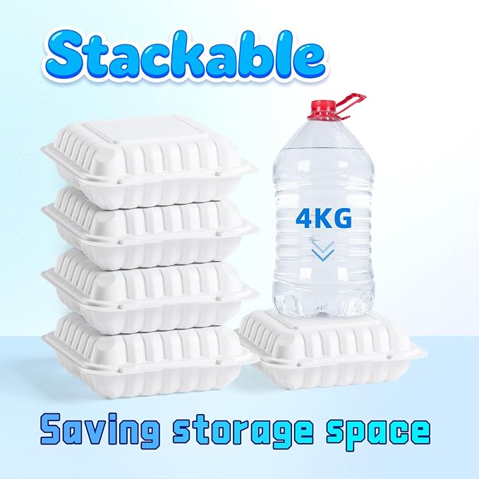 YANGRUI 150-Pack 34oz 8" White Hinged Containers - Mineral-Filled PP | Clean Packed Ready to Use | Heavy Duty Meal Prep & Takeout Boxes | Microwave Safe BPA Free, Stackable Clamshell for Leftovers