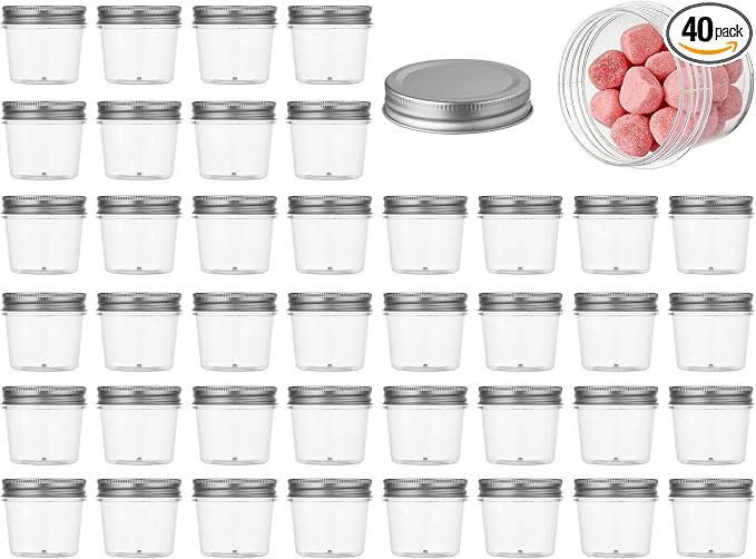 novelinks 4 oz Small Plastic Jars with Lids, 40 Pack Mini Plastic Mason Jars with Lids 4oz, Craft Storage Containers & Canning Jars & Small Spice Jars for Kitchen Organization (40 Pack,Silver)