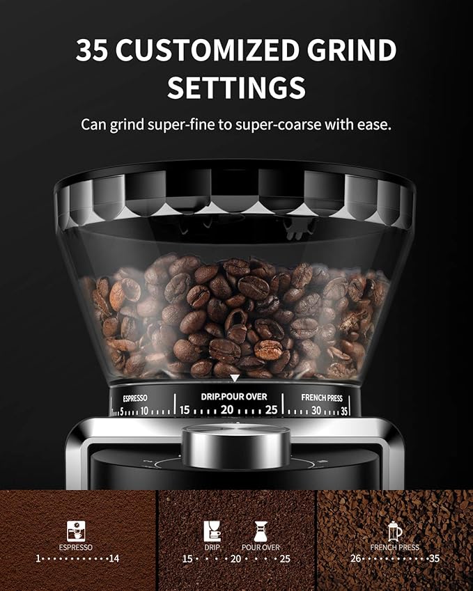 KIDiSLE Conical Burr Espresso Grinder, 35 Precise Settings Electric Coffee Bean Grinder with Anti-Static Technology, Quiet Burr Coffee Grinder for Espresso, Pour Over, French Press, 2-12 Cup, Black