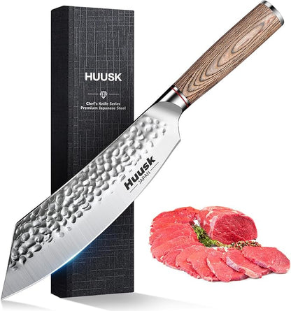Huusk Japanese Meat Cleaver Knife - 8 Inch Professional High Carbon Steel Hand Forged Butcher Cleaver for Meat & Vegetable Cutting, Sharp Kitchen Knife with Pakkawood Handle, Gift Idea for Men Women