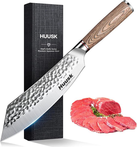 Huusk Japanese Meat Cleaver Knife - 8 Inch Professional High Carbon Steel Hand Forged Butcher Cleaver for Meat & Vegetable Cutting, Sharp Kitchen Knife with Pakkawood Handle, Gift Idea for Men Women