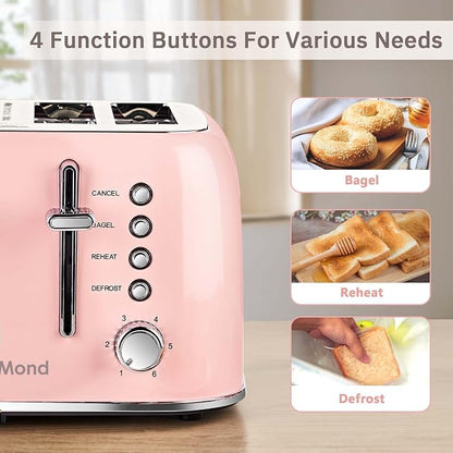 Roter Mond Toaster 4 Slice Retro Stainless Steel with Extra Wide Slots Bagel, Defrost, Reheat Function, Dual Independent Control Panel, Removable Crumb Tray, 6 Browning Levels, Pink