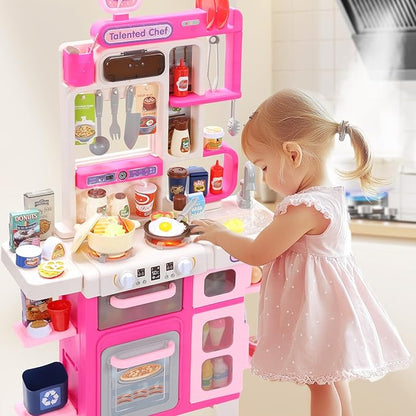 CUTE STONE Kids Kitchen Playset, Play Kitchen Set with Sound & Light, Cooking Stove with Steam, Toy Sink,Play Food Toy and Kitchen Accessories for Pretend Play, Kitchen Toy Set for Toddler Girls, Pink