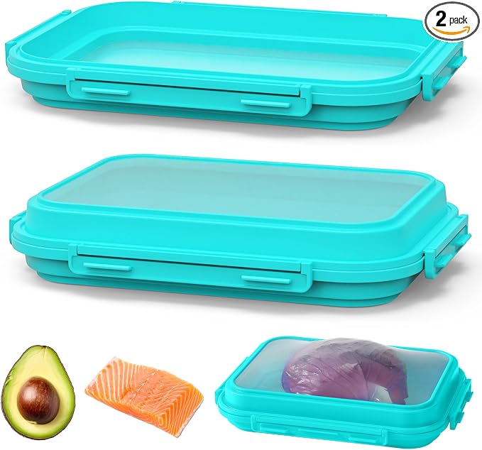 2-Piece Airtight Food Storage Containers Set – Avocado Saver, Onion Keeper, Silicone Kitchen Organizers for Fridge, Reusable & Leak-Proof to Lock in Freshness K05-light blue