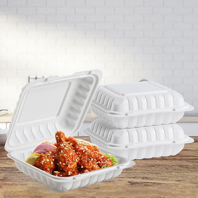 White To Go Containers 8" 34 oz 55 Pack - Shrink Wrap Ready to Use | Mineral Filled PP BPA Free Clamshell Boxes | Food Grade Freezer Microwave Dishwasher Safe | Bulk for Catering & Restaurants