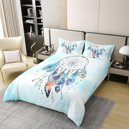 Castle Fairy 100% Nature Cotton Girly Dream Catcher Duvet Cover Set Watercolor Feather Retro Style Comforter Cover Set Twin Size with 1 Pillowcase Marble Texture Tie Dye Bedding Set(Not Comforter)