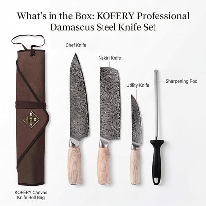 KOFERY Hand Forged Damascus Steel Butcher Knife Set with Wood Handles, Sharpener & Shears in Knife Roll for Meat Cutting, BBQ Grilling, Outdoor Camping, Pit Master Gifts for Men