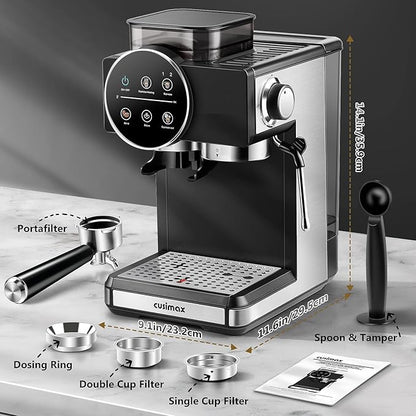 Espresso Machine with Grinder, 20 Bar Professional Expresso Coffee Machines with Milk Frother Steam Wand, Espresso Maker with 60oz Removable Water Tank, Cappuccino & Latte Machine for Home (Black)