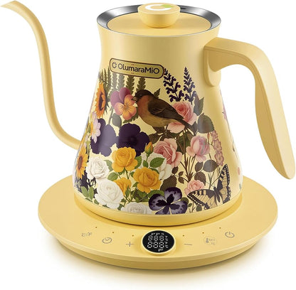 Olumaramio 0.8L/27oz Gooseneck Electric Kettle - ±1℉ Precise Temperature Control for Pour Over Coffee & Tea, 1200W Fast Heating, Auto Shut-Off, Built-in Brew Timer, BPA-Free Stainless Steel, Floral