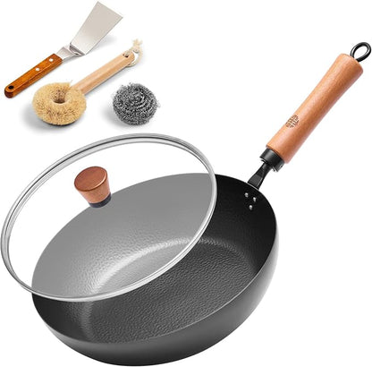 WANGYUANJI 11" Iron Skillet with Glass Lid & Griddle Spatula, Flat-Bottom Frying Pan, Uncoated & Unseasoned, Induction/Gas/Electric Compatible, Wooden Handle (Seasoning Required)