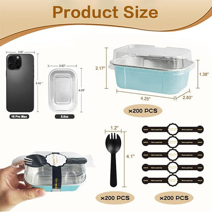 Mini Cake Pans With Lids And Spoons,5.5 oz Rectangle Mini individual Loaf Pans Disposable Aluminum Foil Small Baking Cups Tins (200, Wathet)