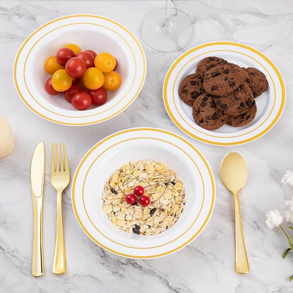 Goodluck 300 Pack Plastic Bowls with Gold Rim, 12oz Disposable Soup Bowls, Heavy Duty Dessert Bowls for Weddings, Parties, Dinners, Catering, Thanksgiving and Everyday Use