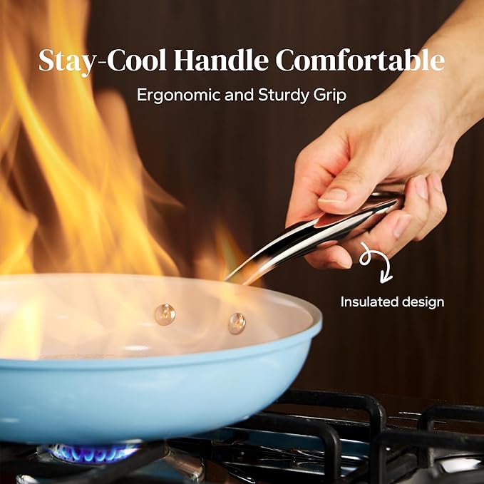 Redchef Ceramic Frying Pan Nonstick, Medium Skillet for Sautéing & Searing, Non-Toxic Cookware, Stay Cool Handle, Induction & Oven Safe Design, PTFE & PFAS & PFOA Free, Sea Salt Blue, 9.5 Inch
