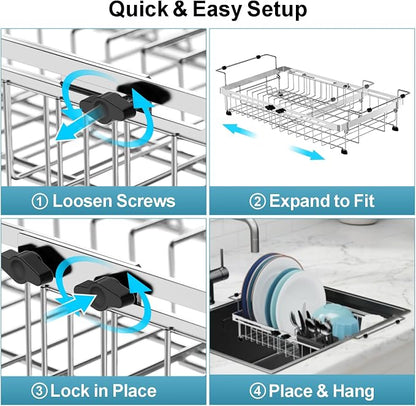 GSlife Dish Drying Rack Over the Sink - Expandable Stainless Steel Dish Drainer for Small Kitchen Apartment, Space Saving Sink Rack with Secure Lock Knob and Utensil Holder, Silver
