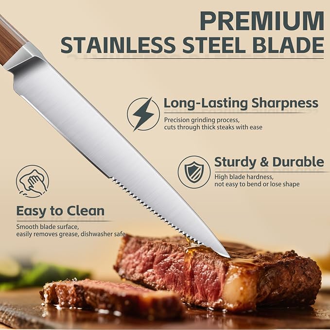 Purple Dragon Steak Knives Set of 6 - Smooth Edge Non-Serrated Blade with Square Wooden Handle – Elegant, Balanced, High Carbon German Steel - Christmas Gift for Men and Women