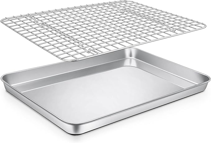 P&P CHEF 12.5 Inch Toaster Oven Pan with Rack Set, Stainless Steel Baking Pan Tray and Grid Cooling Rack for Cooking/Roasting, Dishwasher Safe & Easy to Clean, Non-toxic & Sturdy, (2Pcs)