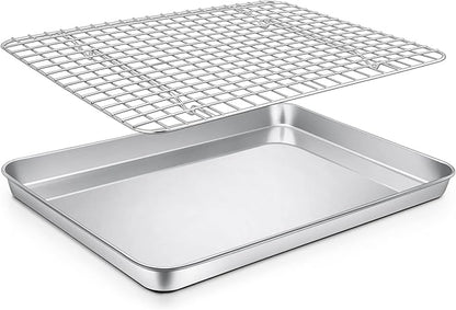 P&P CHEF 12.5 Inch Toaster Oven Pan with Rack Set, Stainless Steel Baking Pan Tray and Grid Cooling Rack for Cooking/Roasting, Dishwasher Safe & Easy to Clean, Non-toxic & Sturdy, (2Pcs)