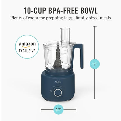 Martha Stewart Food Processor, 10-Cup Electric Chopper for Slicing, Shredding, Mincing and Puree, BPA-Free Twist & Lock Bowl, 3 Multipurpose Blades, Variable Speed Dial, Wide Feed Chute, Indigo Blue