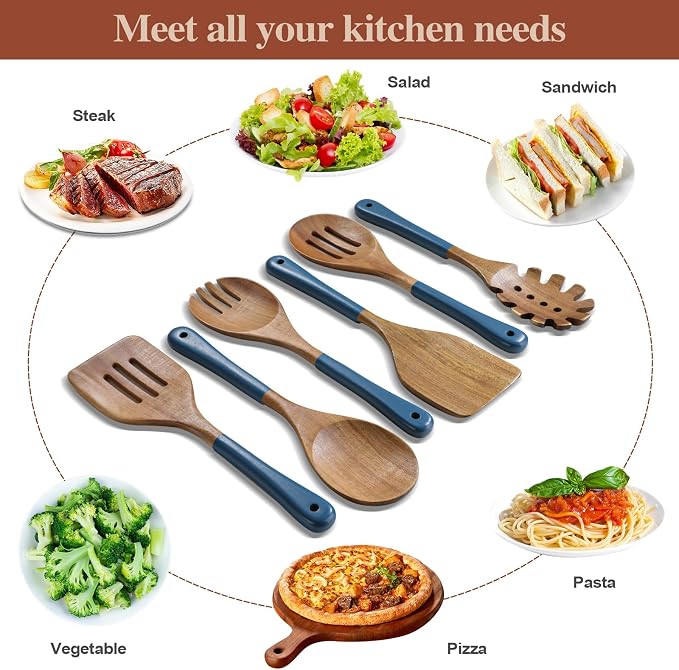 Wooden Spoons For Cooking, 6 PCS Natural Acacia Wooden Cooking Utensils, Non-Stick Wood Kitchen Utensil Set for Kitchen Essentials, Smooth Grip Wood Cooking Spoons with Hanging Hole, Blue