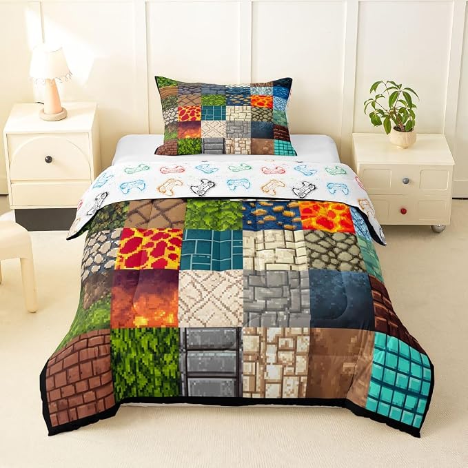Manfei Video Game Comforter Set -Pixelated Themed Game Comforter Toddler Size Block Theme Gaming Bedding Set for Kids Girls Boys Bedroom Decor,Modern Quilt Duvet,2 Pcs with 1 Pillowcase