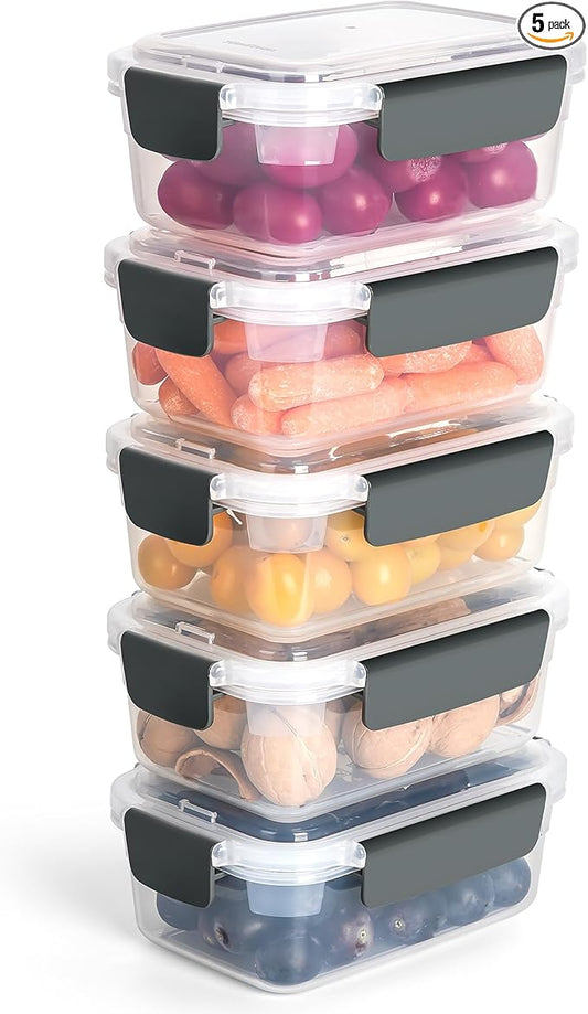 YORY 3 cup Plastic Food Storage Containers with Lids Nestable Freezer Dishwasher Safe Rectangle Container Set,5-Pack