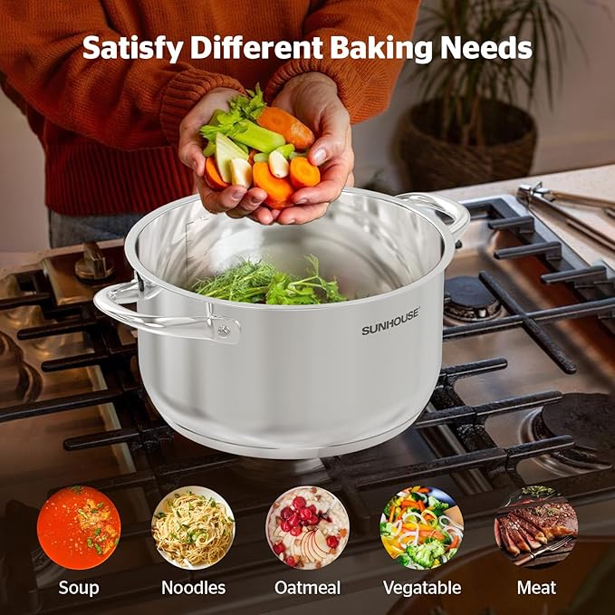 Sunhouse Stock Pot with Lid - 12 QT Large Pot for Cooking Pasta, Soup, Spaghetti - Impact Bonding Base Big Stainless Steel Pots for Canning, Boiling - Oven Safe & Induction Compatible Cookware
