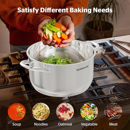 Sunhouse Stock Pot with Lid - 12 QT Large Pot for Cooking Pasta, Soup, Spaghetti - Impact Bonding Base Big Stainless Steel Pots for Canning, Boiling - Oven Safe & Induction Compatible Cookware