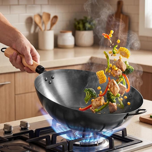 DUMOS 13.5" Carbon Steel Wok Pan, No Chemical Coating, Pre-Seasoned Flat Bottom Pow Wok for Family Meals and Camping, Compatible with Induction, Electric, Gas, Open Fire, Black