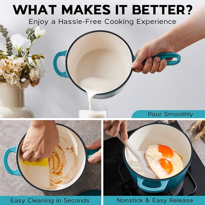 Onader 1QT & 2QT Saucepan Set with Lid, Enameled Cast Iron Sauce Pan Pot, Small Dutch Oven Cooking Kitchen Pot, Nonstick & Heavy Duty, Induction Compatible – Dark Cyan