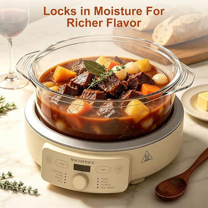 MAGNIFIQUE Slow Cooker, 4.5 Quart 8-in-1 Glass Pot Multi-Cooker, Non-Toxic Slow Cooker with Removable Borosilicate Glass Pot, for Rice, Pasta, Steam & Proof, Oatmeal