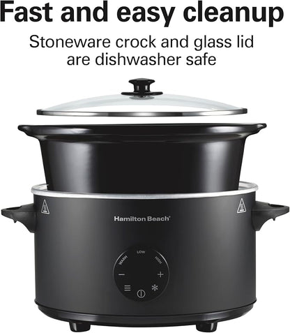 Hamilton Beach 6 Quart Set & Forget Programmable Slow Cooker with Defrost Function, Flexible Programming, Adjustable Countdown Timer, Large Dishwasher Safe Stoneware Crock and Glass Lid, Black (33765)
