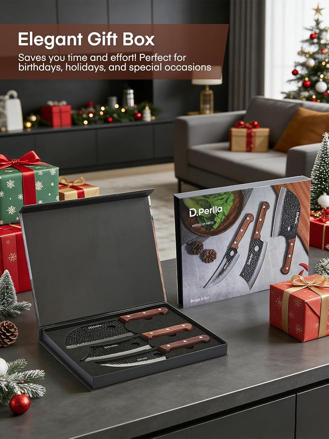 D.Perlla Butcher Knife set 3PCS Chef Knife Set for Meat Cutting, Serbian Chef Knives Set and Viking Knife with Wooden Handle, Forged Cleaver knive Set for Outdoor BBQ and Camping with Gift Box