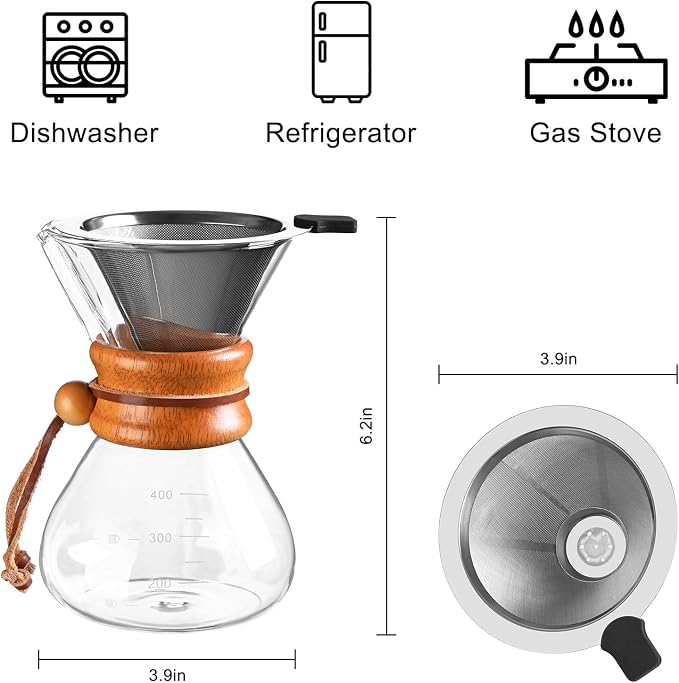 FrutPunch Pour Over Coffee Maker with Stainless Steel Filter, Pour Over Coffee,Pour Over Coffee Dripper, 13.5 OZ, Drip Coffee Maker, High Heat Resistant Carafe, also for Camping, Hiking