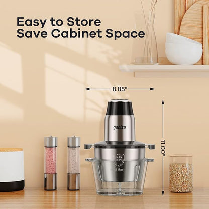 GANIZA Food Processors, Electric Food Chopper with Meat Grinder & Vegetable Chopper - 2 Bowls (8 Cup+8 Cup) with Powerful 450W Copper Motor - Includes 2 Sets of Bi-Level Blades (Silver)