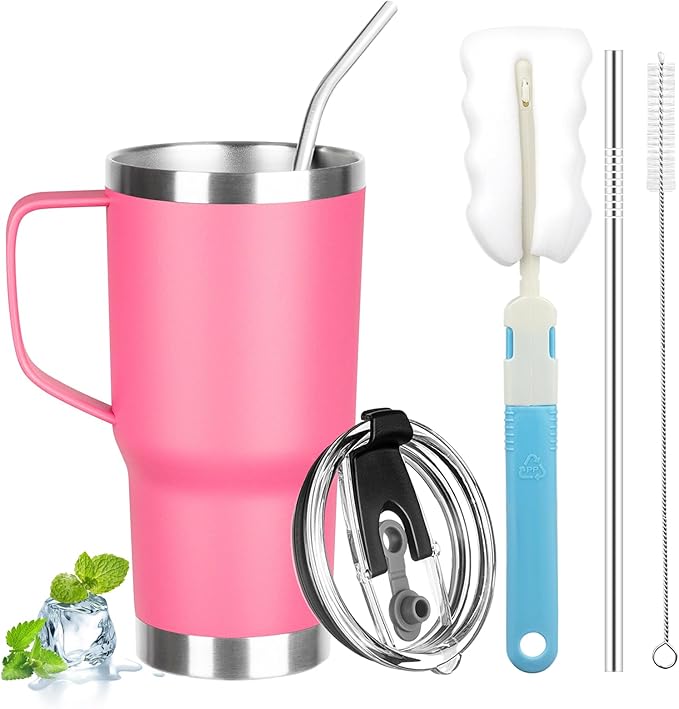 20 oz Tumbler with Handle, Stainless Steel Insulated Tumbler with Lid and Straw, Double Wall Vacuum Coffee Mug Tumbler, Insulated Coffee Thermal Cup for Cold and Hot (Rose Red, 20 Ounces)