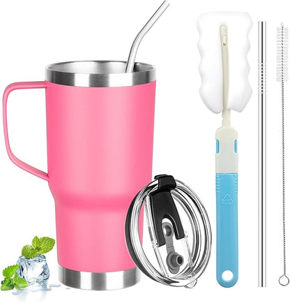 20 oz Tumbler with Handle, Stainless Steel Insulated Tumbler with Lid and Straw, Double Wall Vacuum Coffee Mug Tumbler, Insulated Coffee Thermal Cup for Cold and Hot (Rose Red, 20 Ounces)