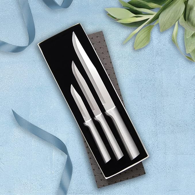 Rada Cutlery Housewarming Gift Set (S02) 3-Piece Knife Set with Quick Edge Sharpener (R119), Stainless Steel Blades, Silver Handle