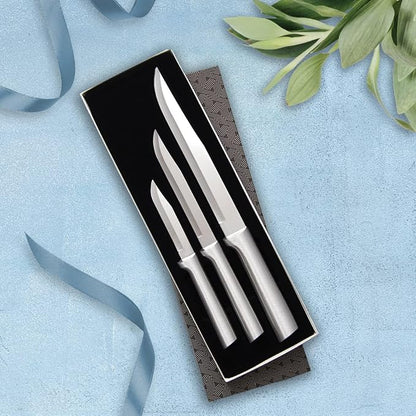Rada Cutlery Housewarming Gift Set (S02) 3-Piece Knife Set with Quick Edge Sharpener (R119), Stainless Steel Blades, Silver Handle