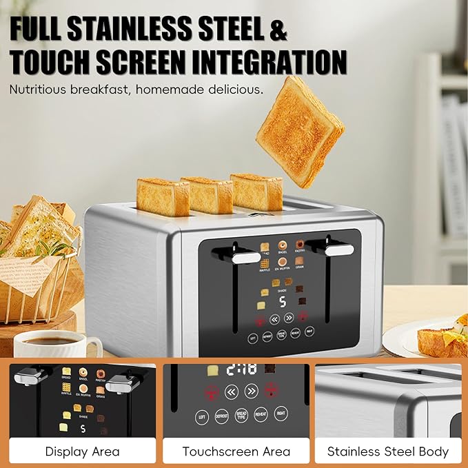 WUNLY 4 Slice Toaster,Touchscreen & Dual Independent Control Panel,5 Basic Functions & Digital Countdown Toasters,6 Shade Settings＆6 Bread Types,Smart Bread Maker Mute/Screen-Off, Stainless Steel