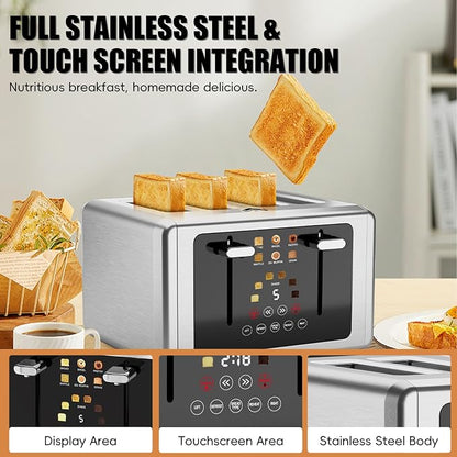 WUNLY 4 Slice Toaster,Touchscreen & Dual Independent Control Panel,5 Basic Functions & Digital Countdown Toasters,6 Shade Settings＆6 Bread Types,Smart Bread Maker Mute/Screen-Off, Stainless Steel
