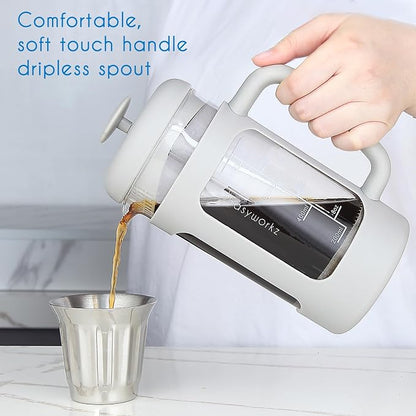 Easyworkz French Press 34 oz Coffee Tea Maker with Borosilicate Glass,Soft Grip Handle,Light Grey