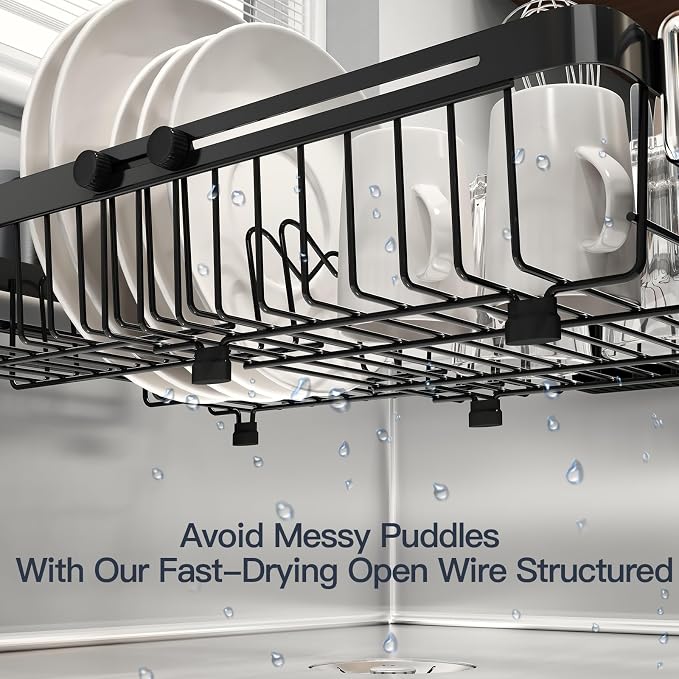 MAJALiS Expandable Stainless Steel Over The Sink Dish Drying Rack for Small Kitchen Counter Space Saving, Compact RV Plate Drainer Strainer in Black Wire Metal with Hanging Adjustable Utensil Holder