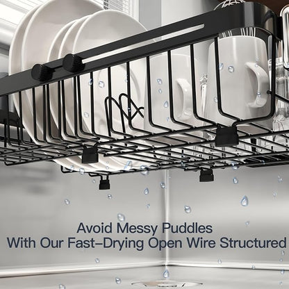 MAJALiS Expandable Stainless Steel Over The Sink Dish Drying Rack for Small Kitchen Counter Space Saving, Compact RV Plate Drainer Strainer in Black Wire Metal with Hanging Adjustable Utensil Holder