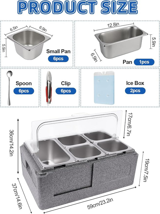 Pizza Topping Station 7 Pans Salad Bar Buffet Station Insulated Cold Food Buffet Server with Ice Packs Lids Buffet Containers Set Platter Box for Party Buffet Keeping Food Cold